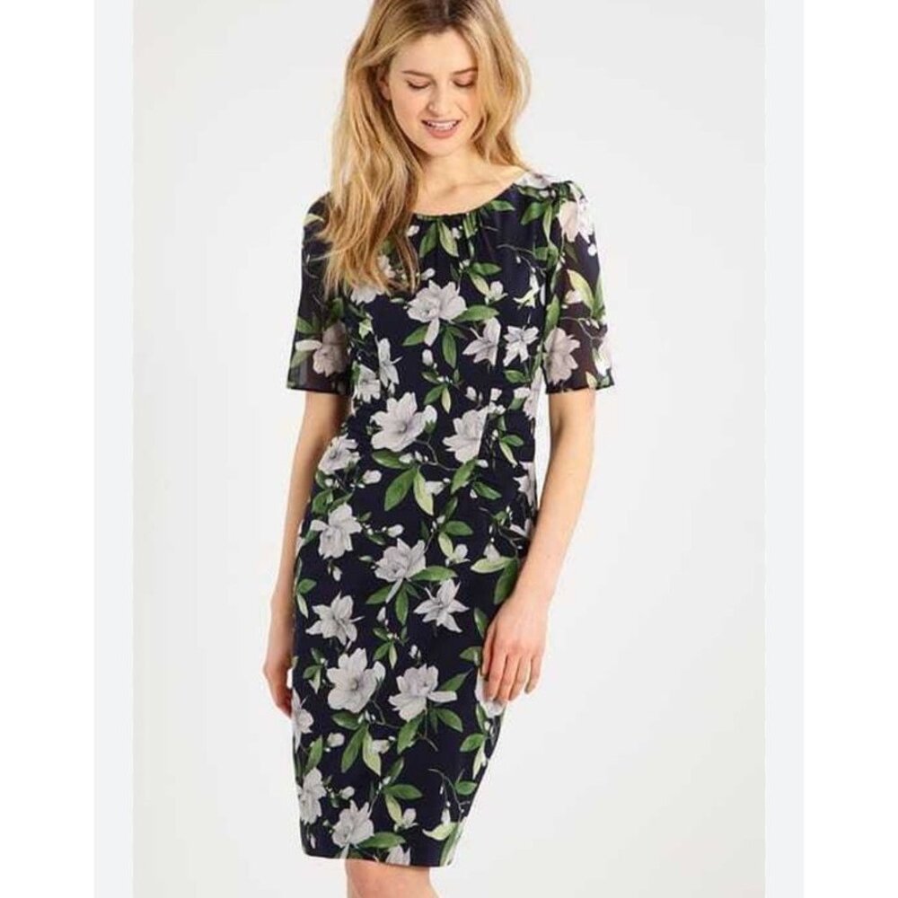 Hobbs London Dress Women’s 6 Navy Blue White Silk Blend Floral Dress Lined Midi